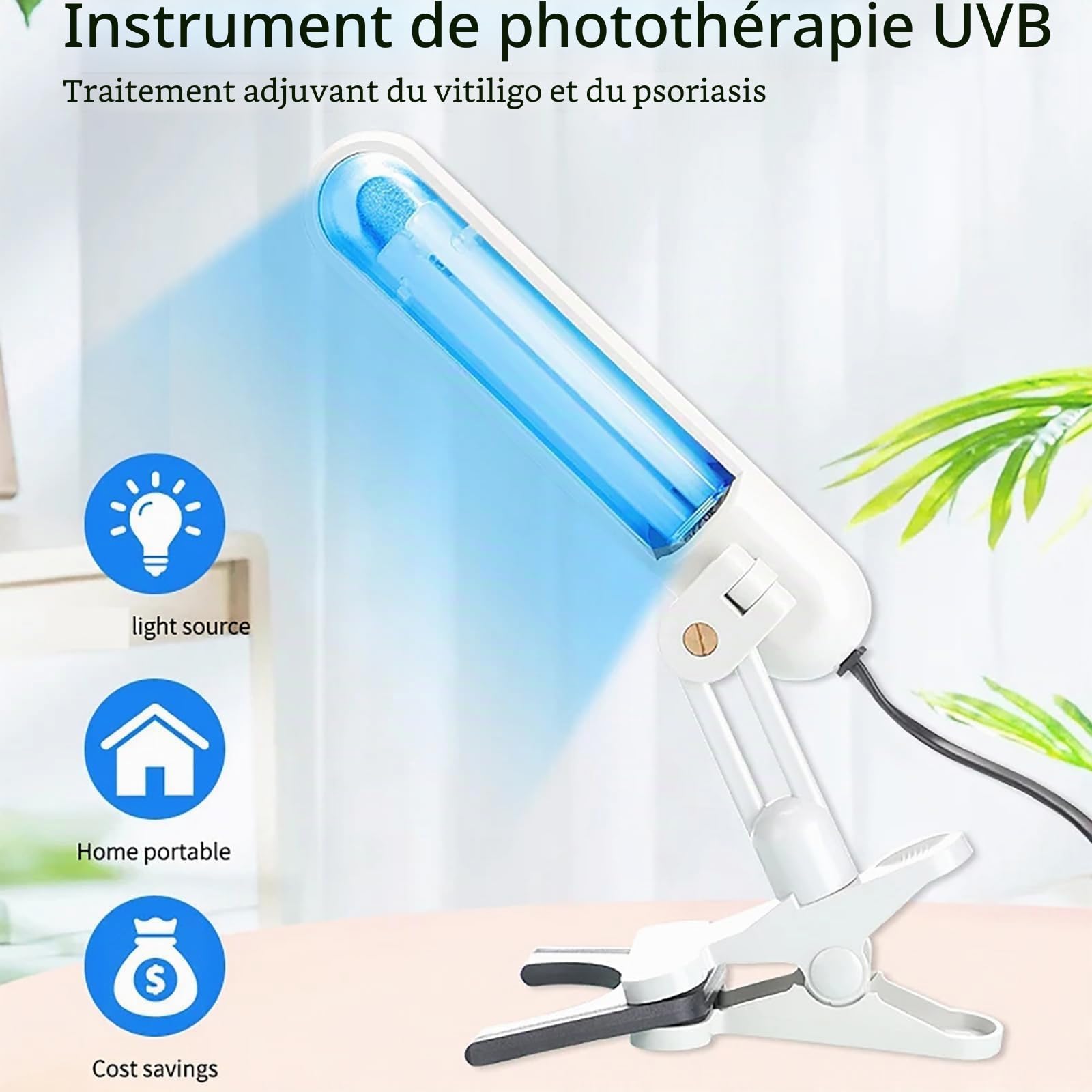 Lampe de photothérapie UVB pour la peau et le corps – Lampe de traitement à domicile à clipser avec minuteur Couverture de 48 cm² Comprend des lunettes – Design portable sûr et facile
