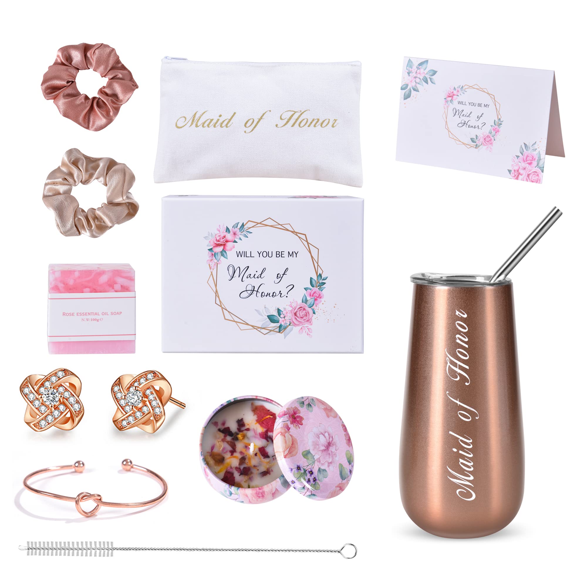 Maid Of Honor Gift Box Maid of Honor Stemless Champagne Flutes Stainless Steel Wine Tumblers Maid of Honor Proposal Gift,Will You Be My Maid of Honor ,Rose Gold Cup
