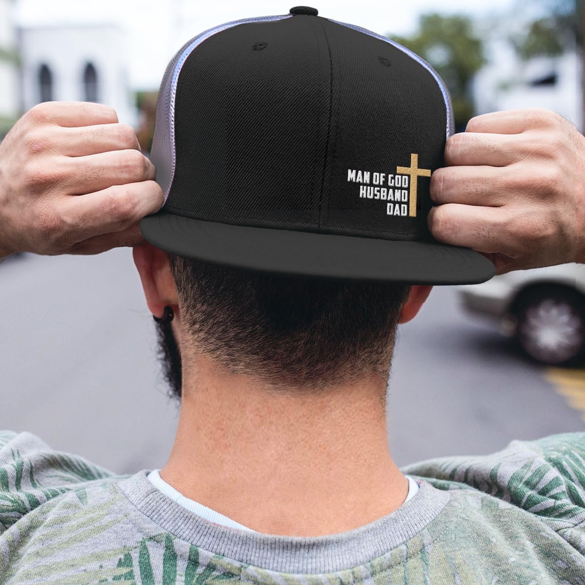 Man of God Husband Dad Trucker Hat - Adjustable Fit Cotton Snapback Hat - Breathable Mesh for Fathers Casual Wear