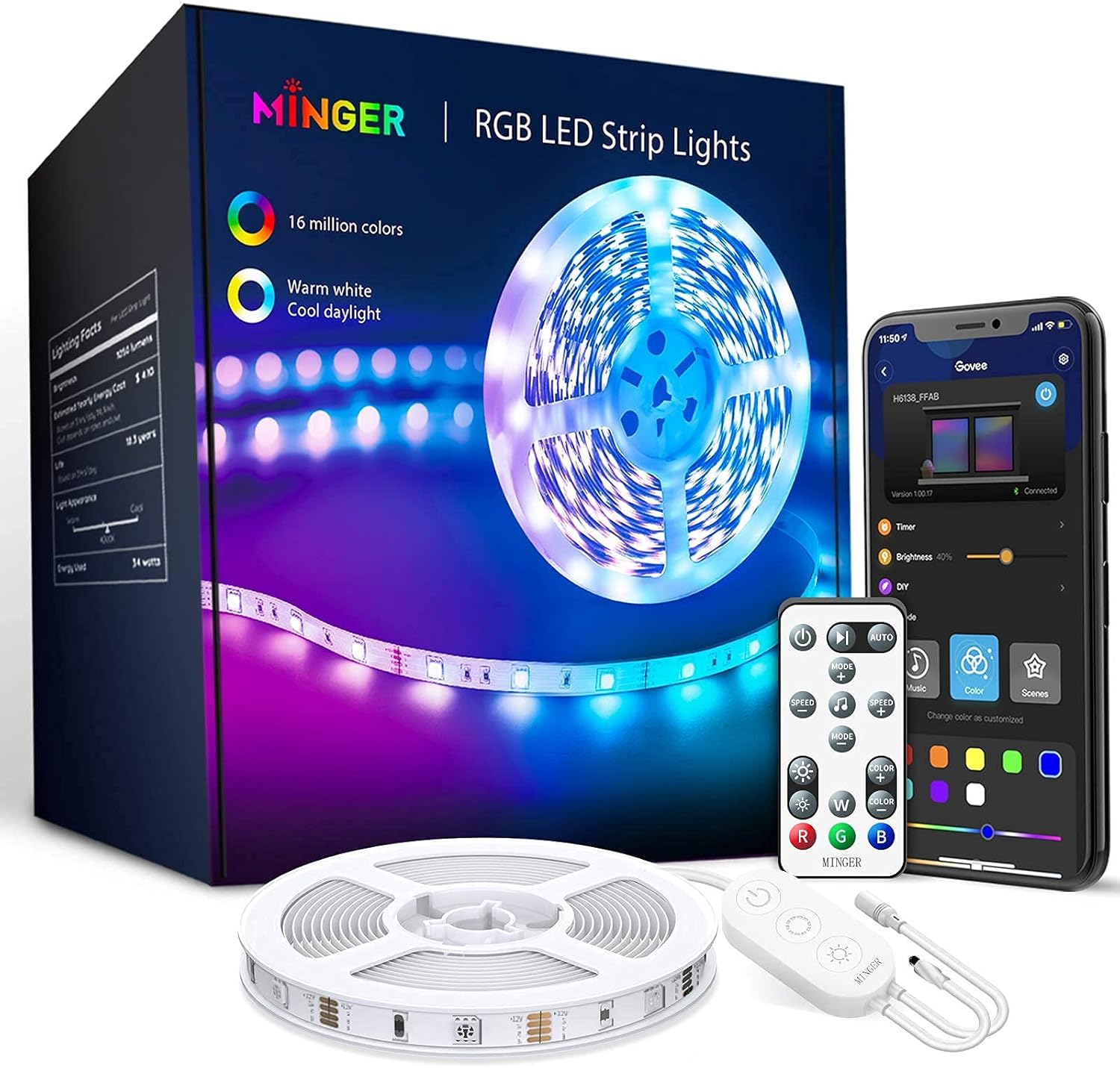 Minger Led Strip Lights Bluetooth 16 4ft Music Sync Led Lights With App Phone Remote Control Box Rgb Color Changing Lights With 64 Scenes Modes Diy For Room Bedroom Kitchen Tv Office Party