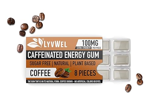 Miniatura 6 de LyvWel Energy Gum  Extra Strength 100 mg de cafeína por gema  Sin azúcar - Vegano bajo en calorías  Todos los masticables naturales para ayudarte a