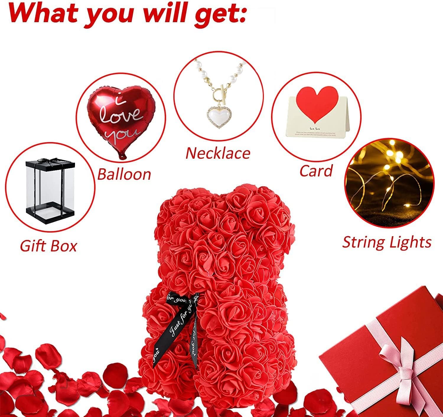 🔥 Hot Deals U UQUI Large Rose Bear 16 inch Gifts for Mom Wife Girlfriend Gifts, Flower Bear Rose Teddy Bear with Box Lights Balloon Card, Birthday Anniversary Mothers Day Gifts & Romantic Cute Decor (Red)
