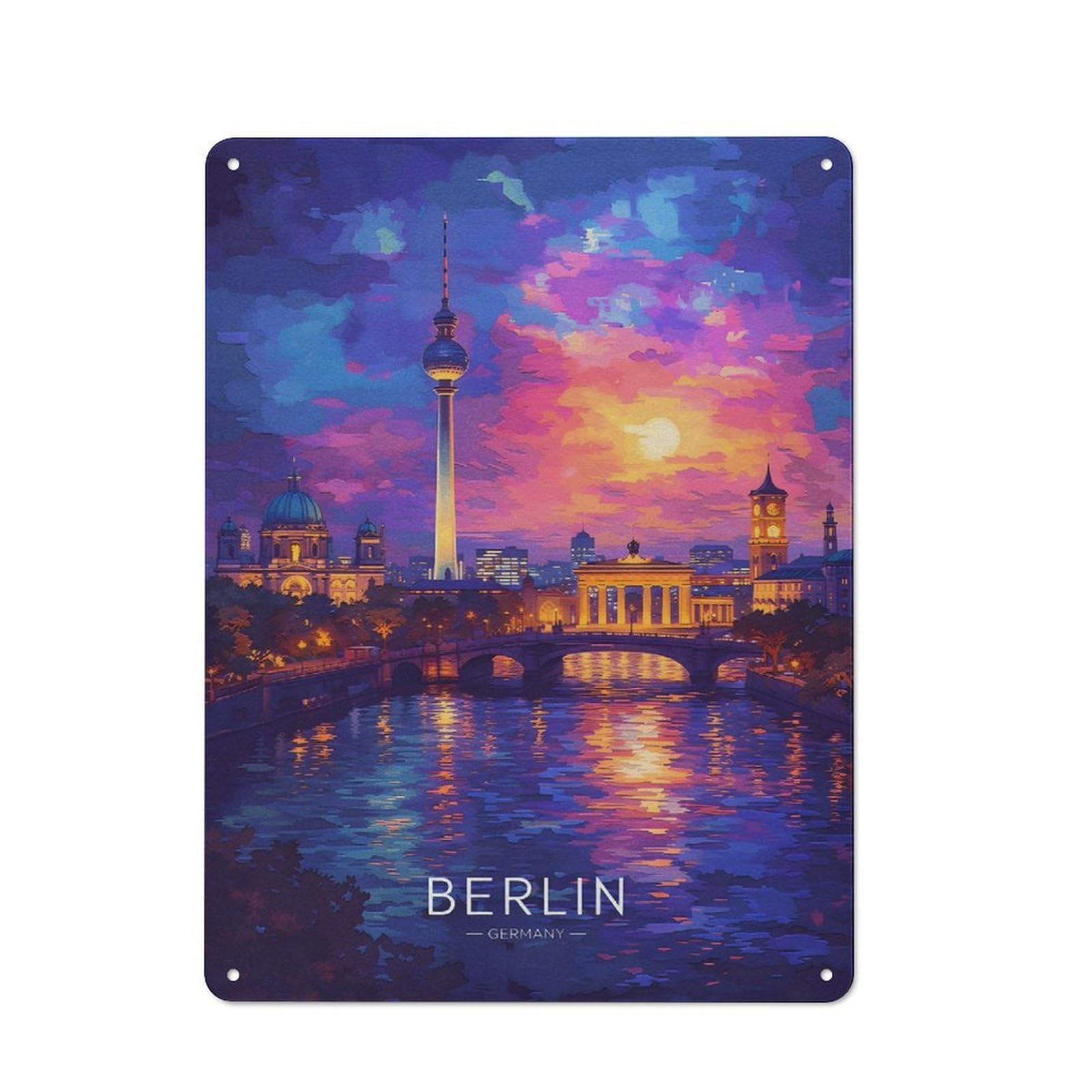 Junmoney Style-22 Berlin Cityscape At Sunset(2) Vintage Metal Wall Decor 40X30cm, Tin Sign For Cafe, Pub, Workshop Or Home Bar, Small Accent For Blank Walls