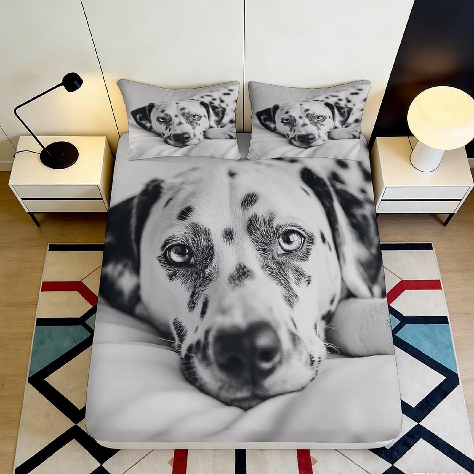 3D Printed Dalmatian Dog Pattern Fitted Sheet Microfiber Black White Art Mattress Cover for Bedroom Guest Room Decor 90x200x25cm