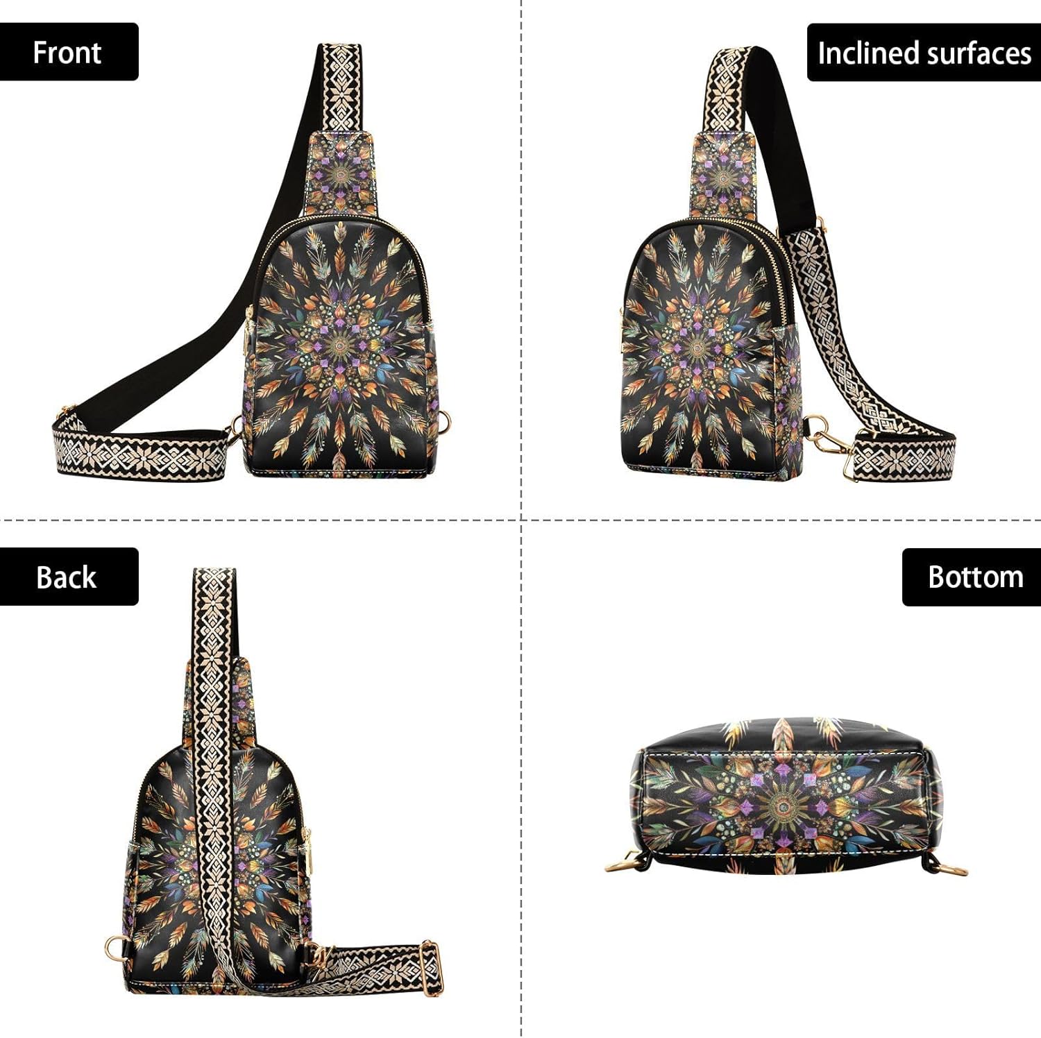 Boho Bag Small Sling Bag for Women Mandala Illustration Leather Crossbody Bags Chest Bag Waist Packs