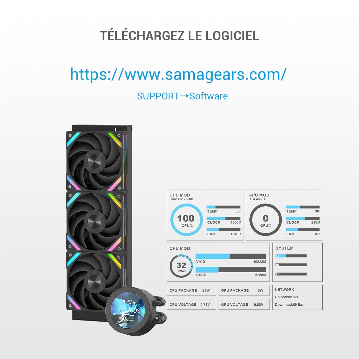 SAMA Q70 360mm AIO Liquid CPU Cooler with 2.8" IPS LCD Display, XT120 Modular LCP Fans, Magnetic Stands, Type-C Daisy Chain, Quiet 2500RPM Pump, Intel & AMD Compatible, Black