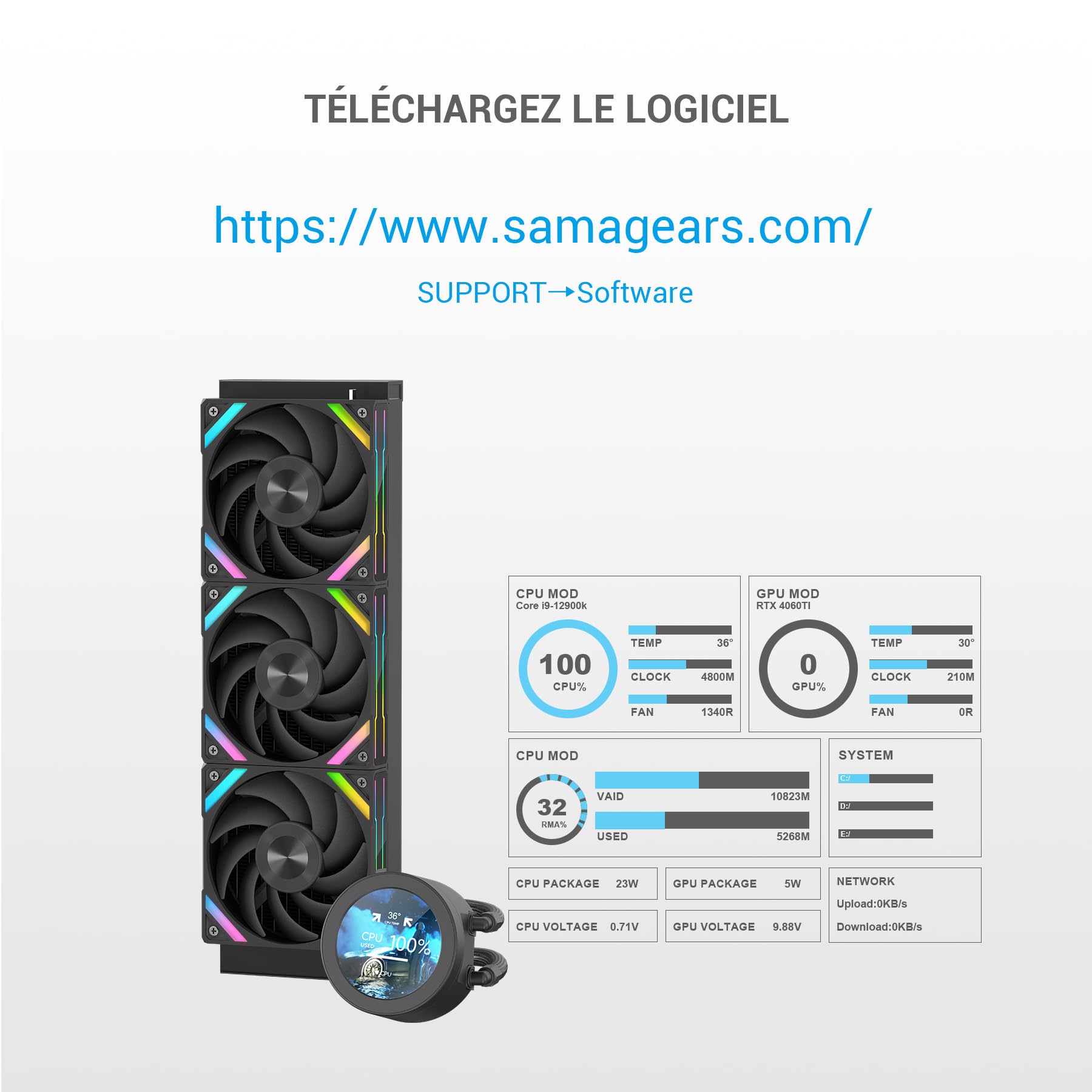 SAMA Q70 Disipador de CPU AIO de 360 ​​mm con pantalla LCD de 2,8", extraíble magnéticamente,ventiladores modulares XT120, aspas LCP, soportes adicionales, 115X, 2011, 1200, 1700, 1851, AM4, AM5 negro