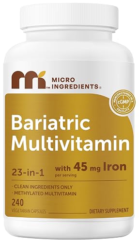 Micro Ingredients Bariatric Multivitamin with Iron, 240 Ct, 4 Month Supply | 45 mg Iron Per Serving. 23-in-1 Essential Vitamins with Thiamine, D3, Biotin, Methylated B12 & Folate. Filler Free, Non-GMO.
