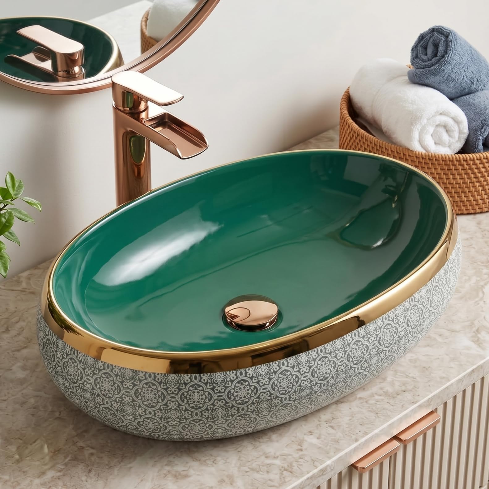 BASSINO Table Top Wash Basin - White & Rose Gold -24