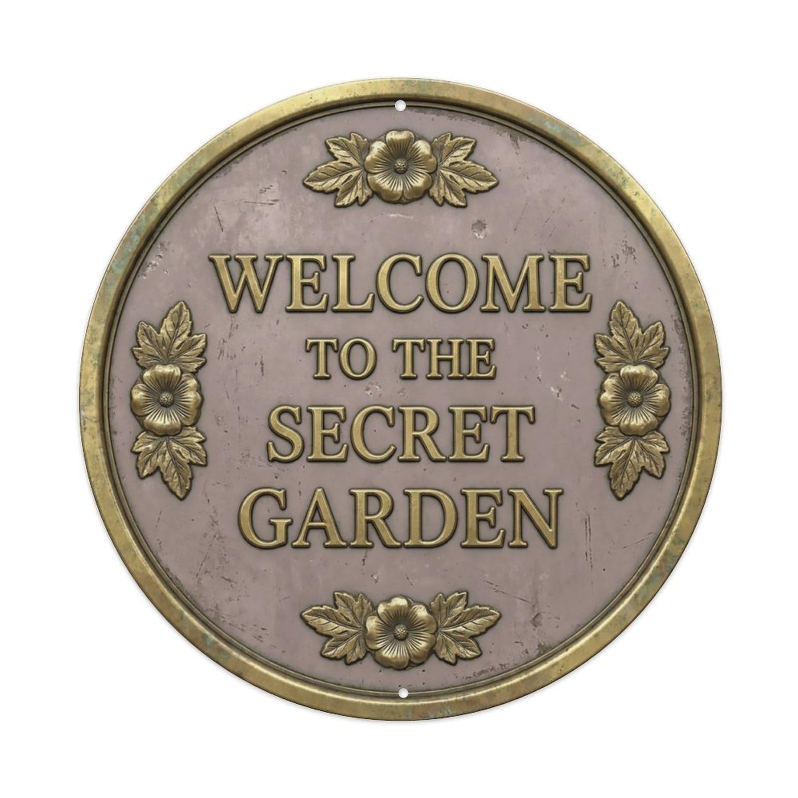 Vintage Welcome Secret Garden Brass Dusty Hollyhock Metal Tin Sign