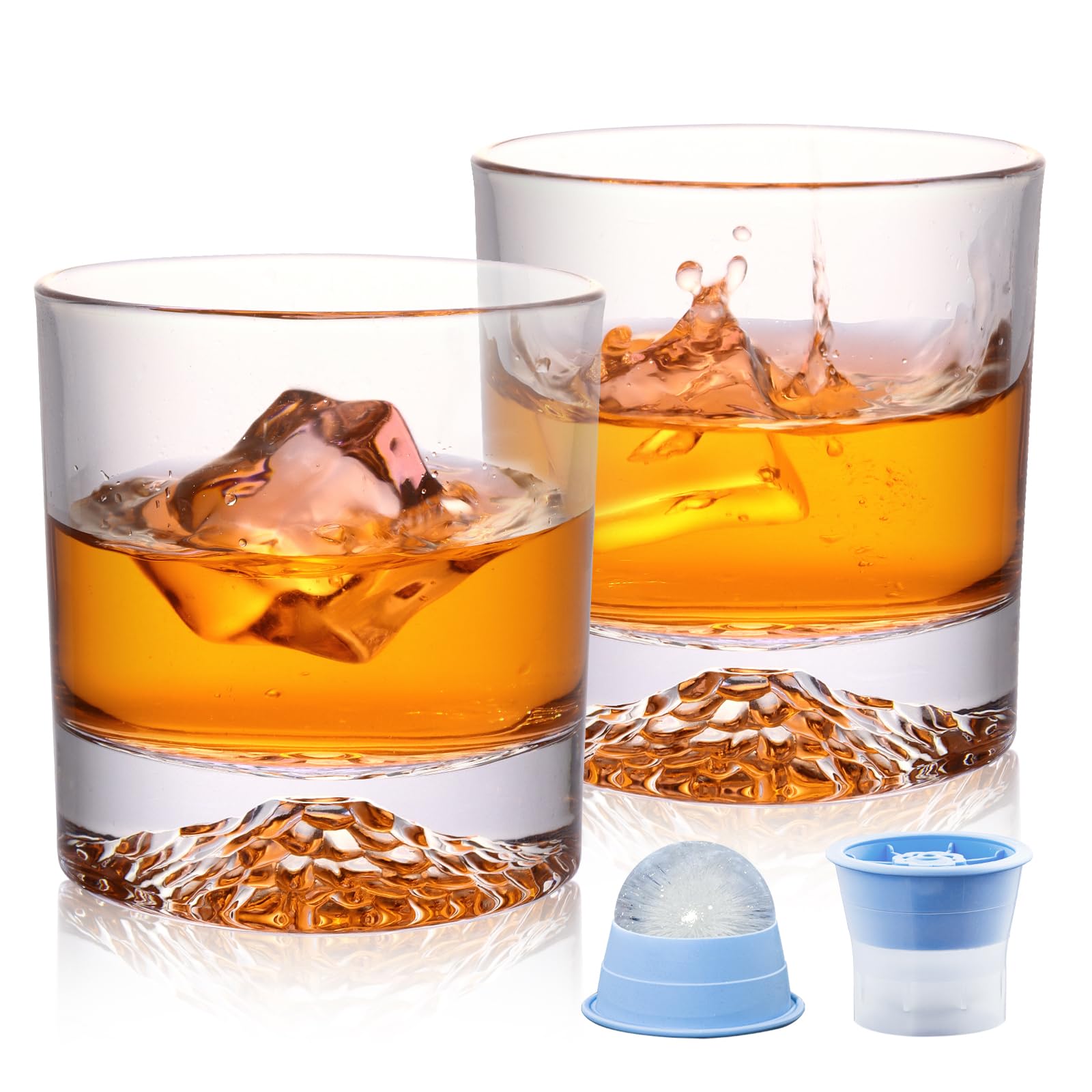 veecom Whisky Glass, 300ml Mountain Whiskey Glasses, Crystal Whisky Glasses Set of 2 with Ice Molds, 0ld Fashioned Whiskey Glass Tumblers for Cocktails Gin Rum Cognac, Whisky Glass Gift Set
