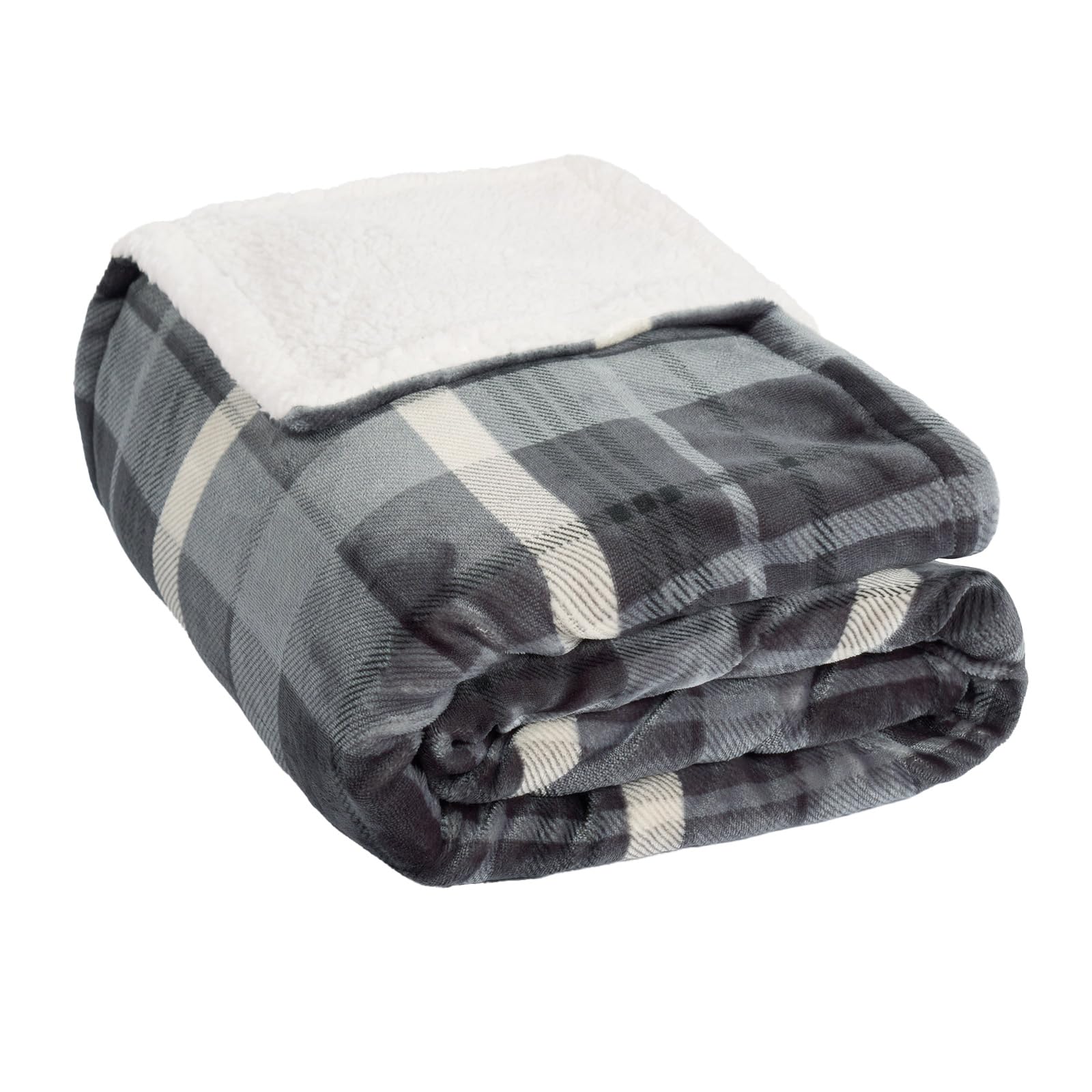 Ohs Grey Check Fleece Throws For Sofa, Winsford Check Blanket Throw With Sherpa Reverse Super Soft Warm Blanket For Bed Christmas Throws Living Room Bedroom - 130 X 160Cm