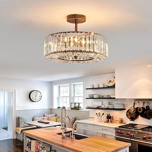 Miniatura 7 de 4 luces moderna lámpara de cristal aceitado bronce aceitado redondo semi empotrado lámpara de techo lámpara de granja para comedor, sala de estar,