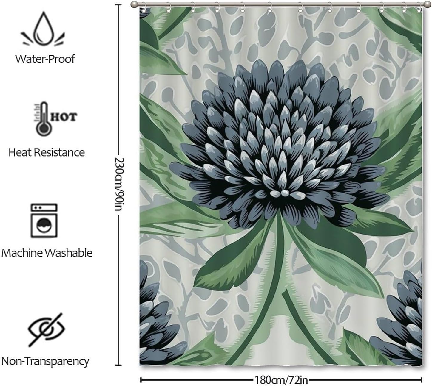 Chinoiserie Style Black and Green Shower Curtains for Bathroom 72x90in Asian Floral Shower Curtains Modern Shower CurtainPolyester Fabric Shower Curtain Set with Hooks