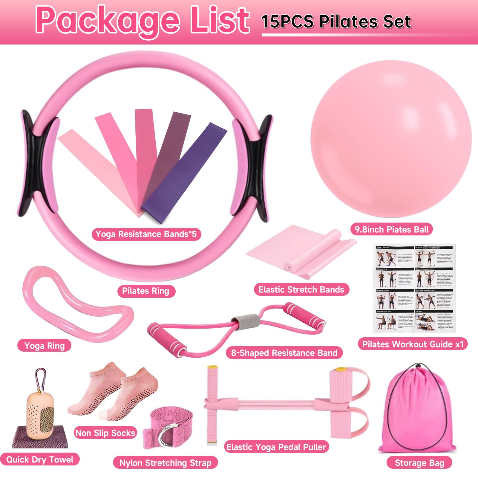 nnOuOnn Kit esencial de pilates de 17 piezas para mujer, círculos de fitness y pilates