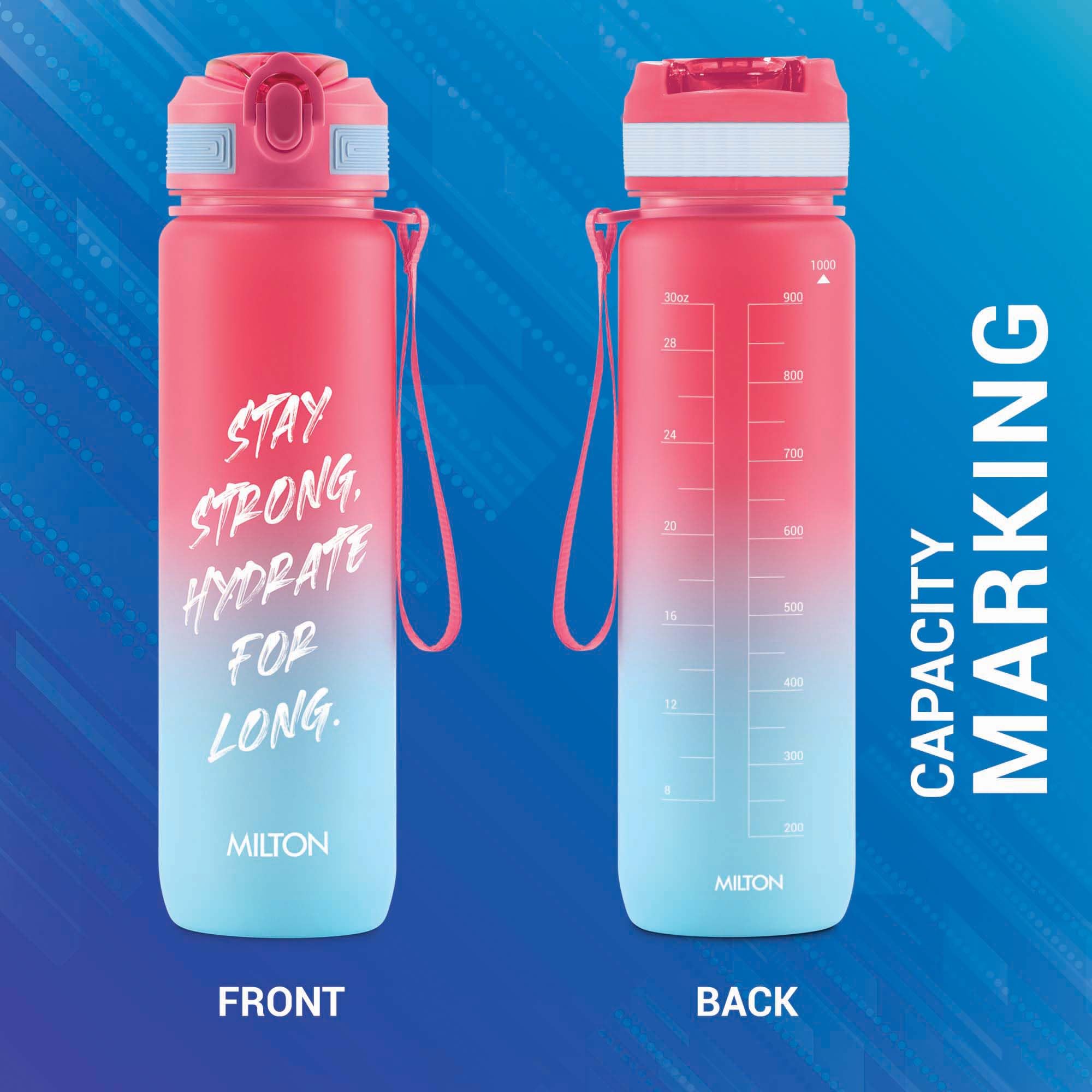 MILTON Gen'Z Motivierende Wasserflasche aus Kunststoff, 1000 ml (Stay Strong), Trinkflasche für Erwachsene, Kinder, unzerbrechliche Wasserflasche mit Kapazitätsmarkierung, Büro, Schule, Zuhause, Rot