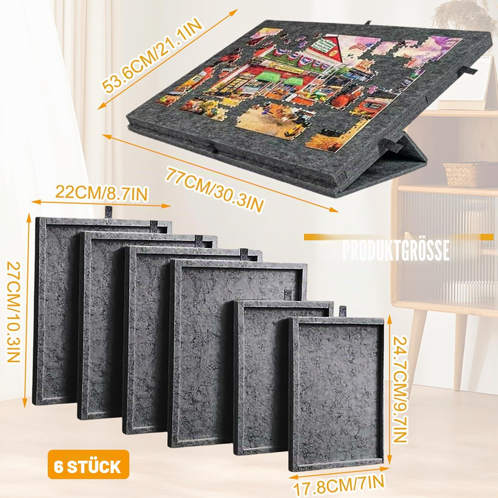 Kippbares Puzzletisch, Puzzlebrett für bis Puzzle 1000 Teile, Tragbarer Puzzle Board mit 6 Schubladen, Leichter Filz Puzzletisch mit 2-in-1-Ständer und Abdeckung, Schwarz
