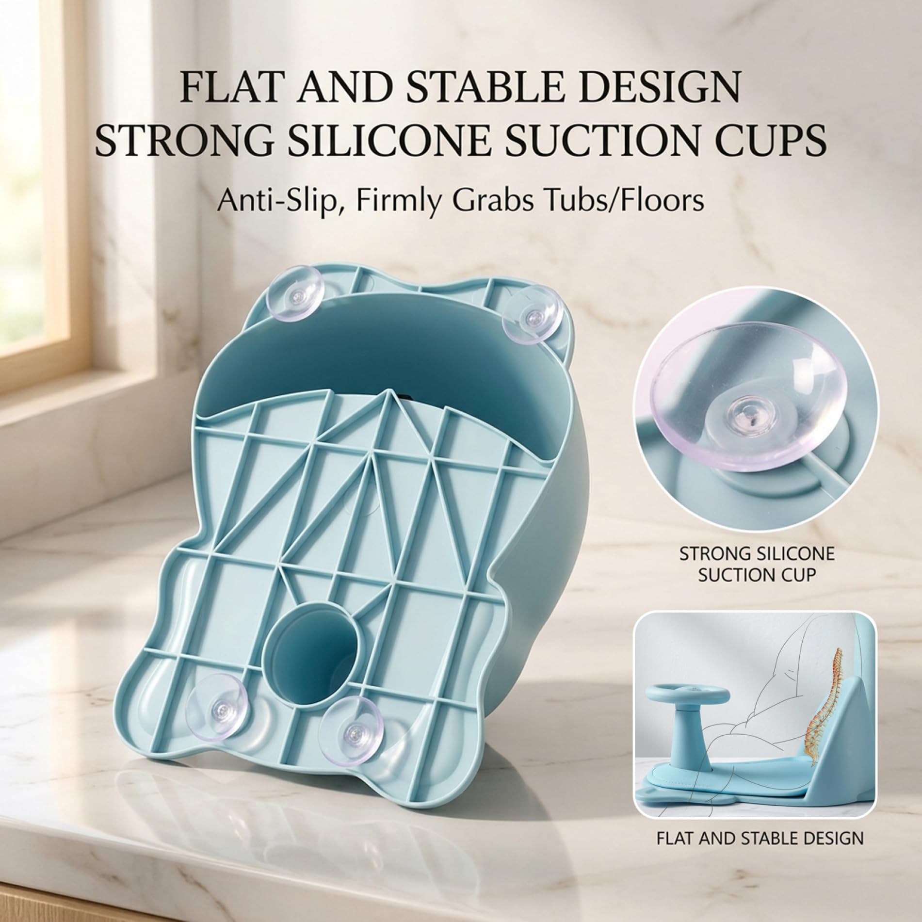 Asiento de baño para bebé para bañera, silla de baño antideslizante para niños pequeños, asiento de ducha ajustable para bebés con respaldo y ventosas para sentarse en el fregadero o la bañera, azul