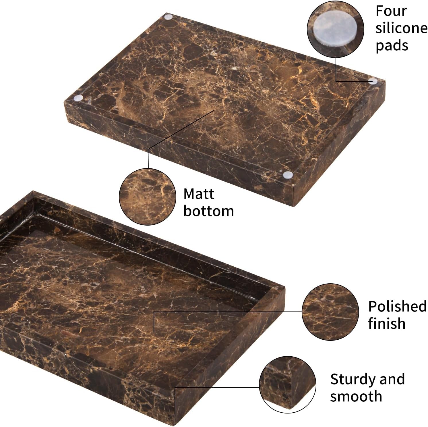 Bandeja de tocador de baño de mármol, bandeja decorativa de piedra natural para llaves, café, perfume, joyas, maquillaje, verde negruzco, 30,5 x 12,7 x 3 cm, marrón oscuro, 30,5 x 20,3 x 3 cm