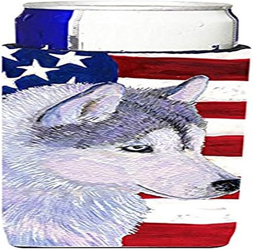 Caroline's Treasures SS4220MUK - Bandera de Estados Unidos con Husky Siberiano Ultra Hugger para latas delgadas, funda enfriadora, lavable a