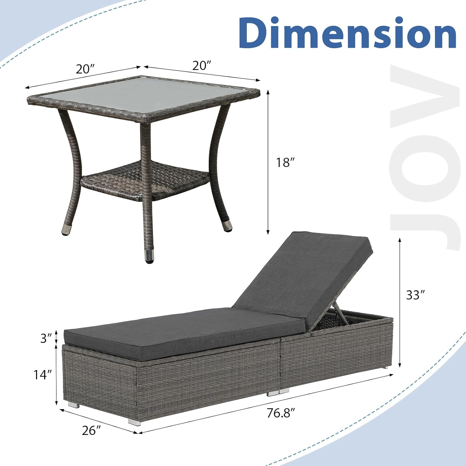 JOIVI Chaise Lounge Chairs Set of 2 w/Coffee Table, 5 Angle Backrest and Removable Cushions, PE Wicker Rattan Outdoor Lounge Chair Pool Lounger Patio Reclining Chair, 3-Piece Pool Furniture, Dark Gray