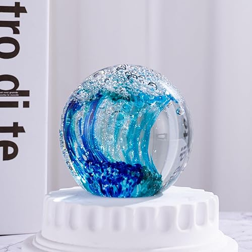 Miniatura 3 de Figuras de vidrio soplado de onda azul, coleccionables, arte de cristal de mar, olas del océano, pisapapeles, decoración para el hogar y la oficina,
