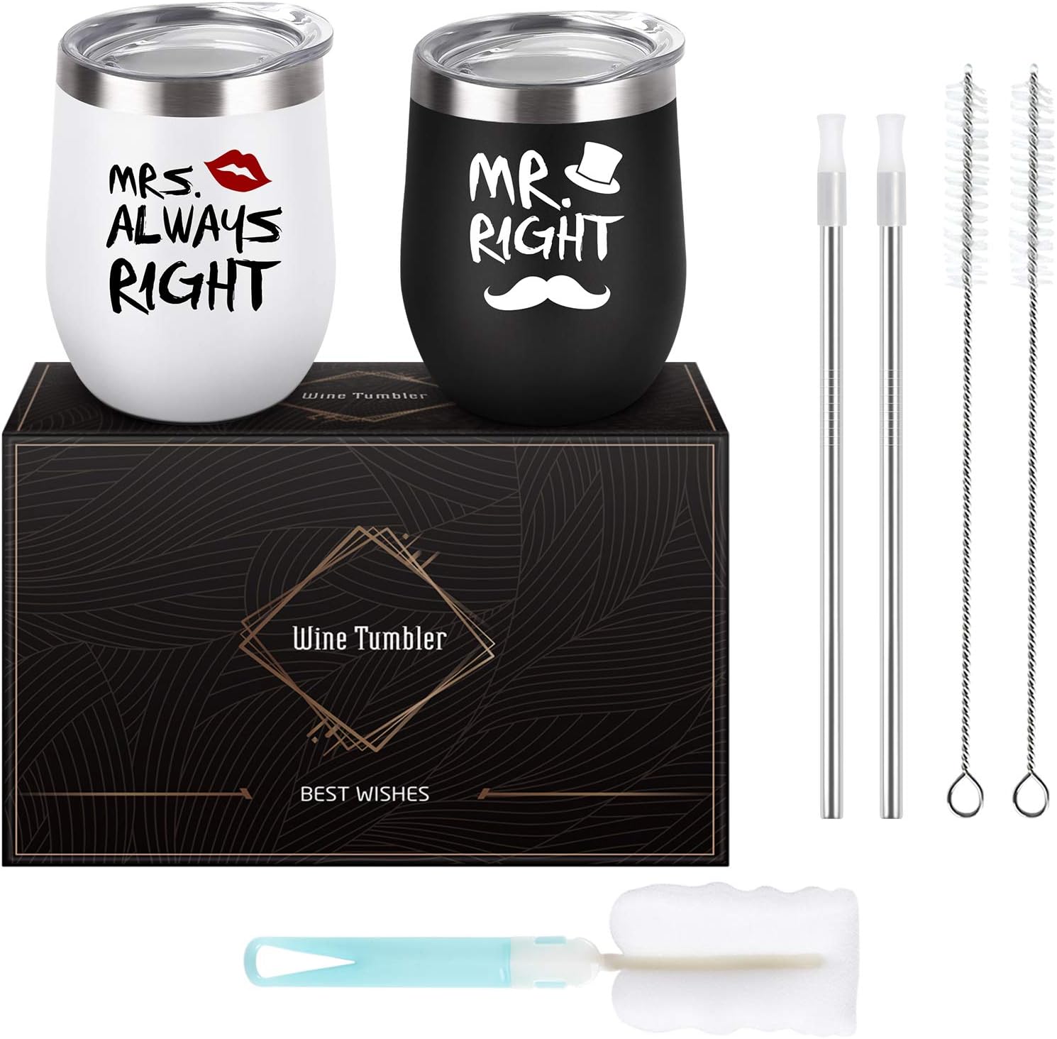 Livole Juego de 2 vasos de vino, Mr Right and Mrs Always Right, regalos divertidos para parejas, aniversario de boda, 12 onzas de acero inoxidable con doble aislamiento sin tallo, con tapa y pajita