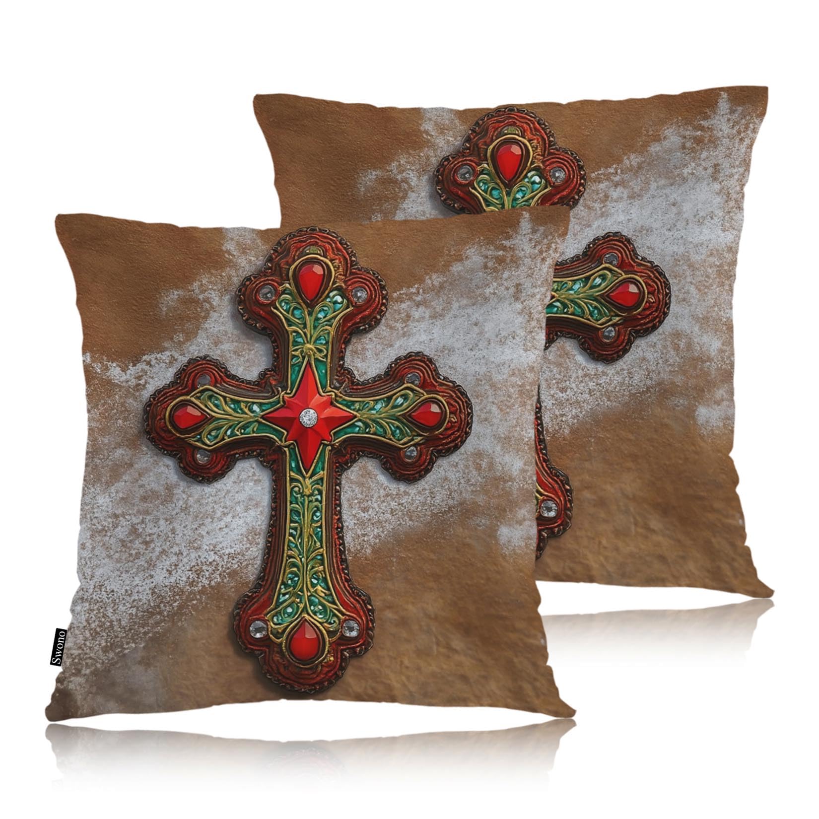 Swono Faux Leather Cross Pack of 2 Throw Pillow Cases, Retro Western Leather Christian Cross Cozy Pillow Cover Square 18"X18" Cushion Case Set