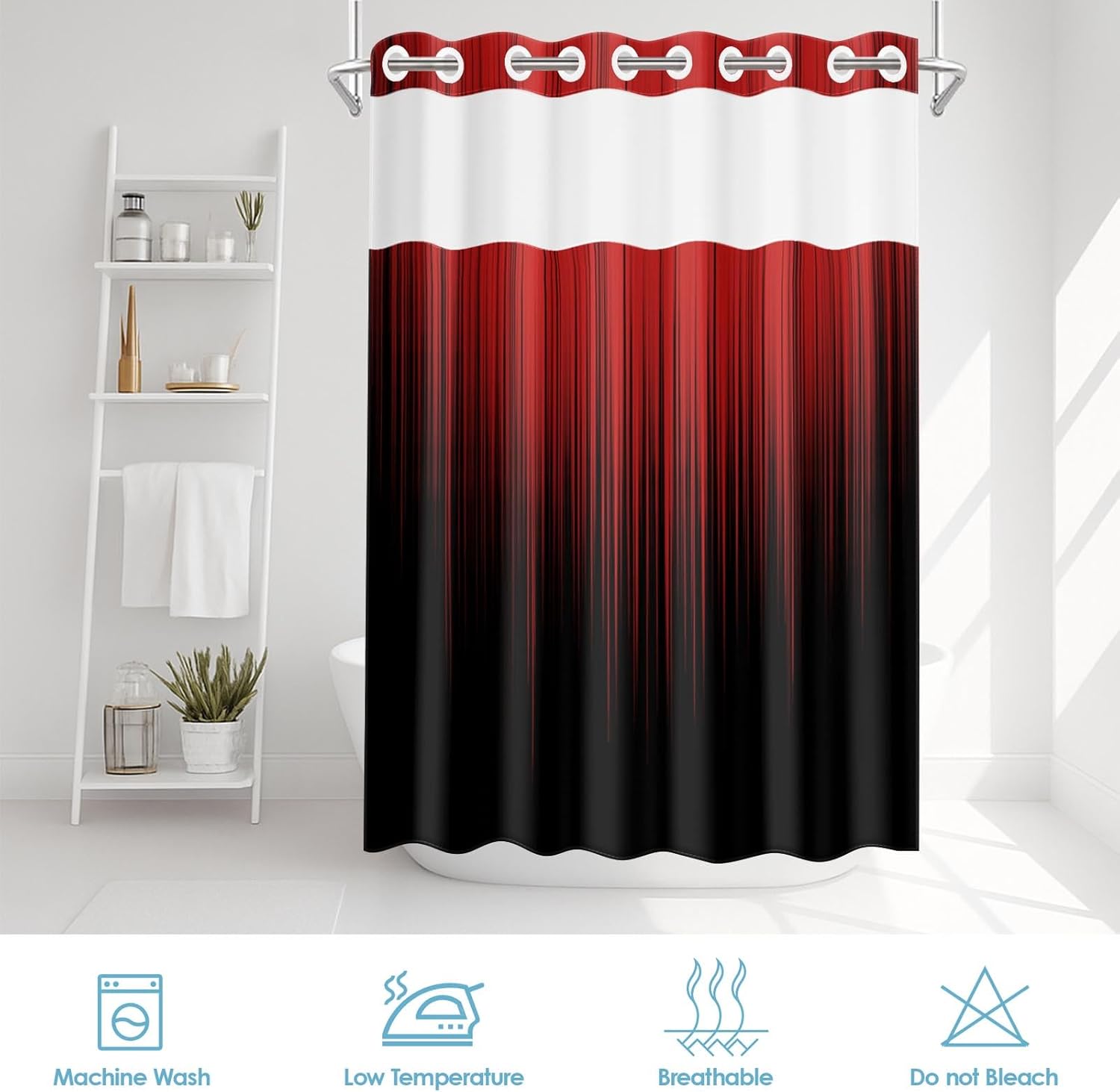 No Hook Red and Black Ombre Shower Curtain with Snap in Fabric Liner Set, Simple Artistic Aesthetic Double Layers Waterproof Fabric with See Through Top Window Open Grommet Curtain 71x74 Inch