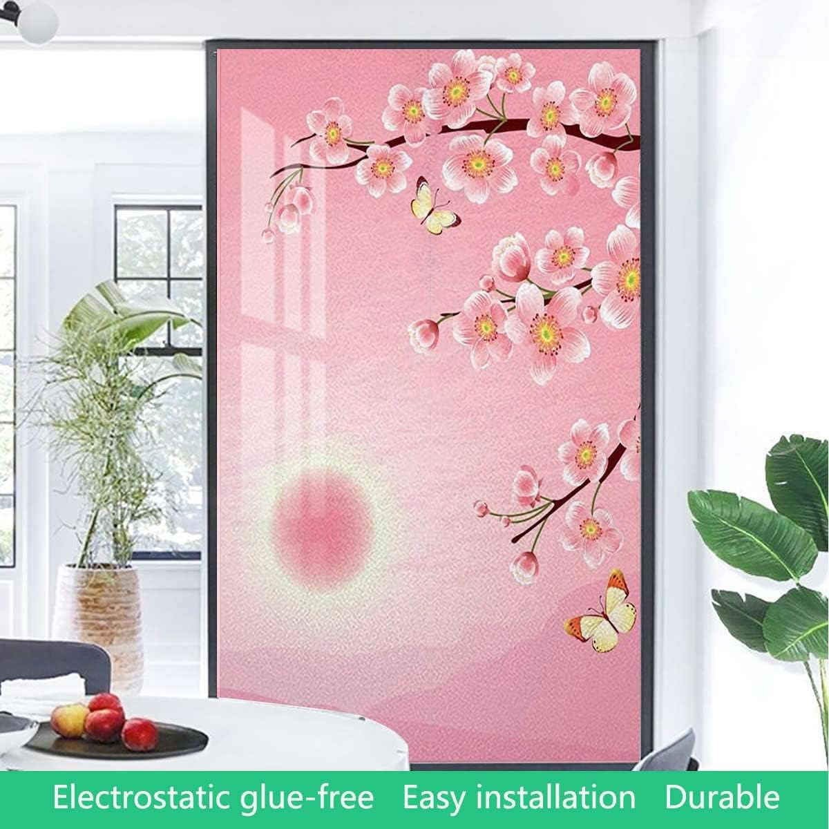 Pink Window Film Window Privacy Film Exotic Cherry Blossom Tree Season Florets Decorative Stained Glass Window Clings for Home Floral 23.6Wx59L-inch