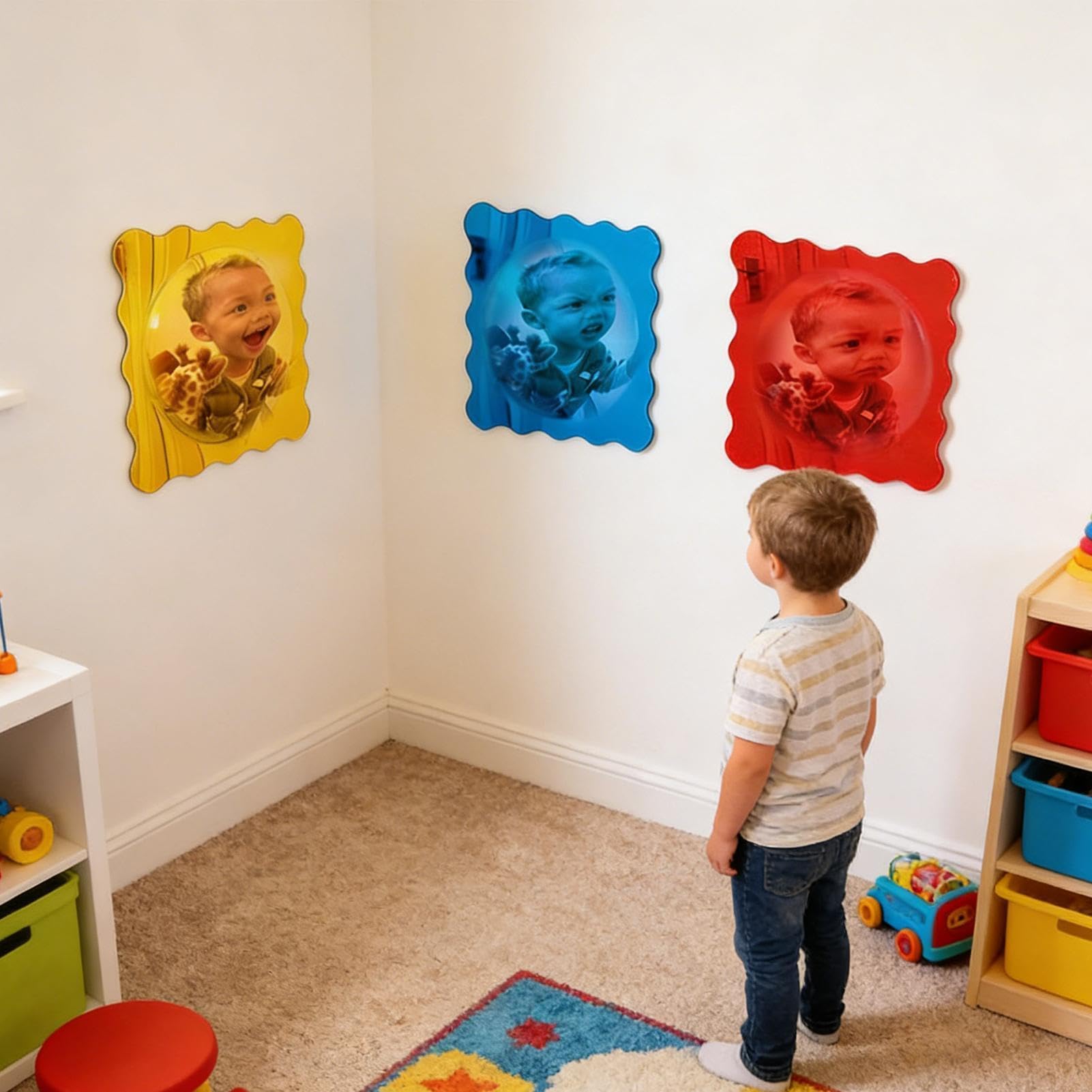 Set 3 Specchi Sensoriali da Parete per Bambini, 25x25 cm Specchio Acrilico Bubble con Adesivi, Infrangibile Specchio Deformante per Sala Giochi, Angolo Calma e Stanza Sensoriale