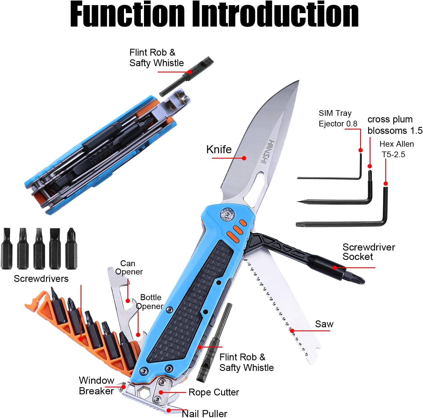 HANSHI 13 in 1 Multitool Knife with Nylon Sheath for Camping,Hiking,Survival,Outdoor Multi Tool Pocket Knife with Window Breaker,Birthday Christmas Valentine's Day Gift for Dad Mens Boyfriend(Blue)