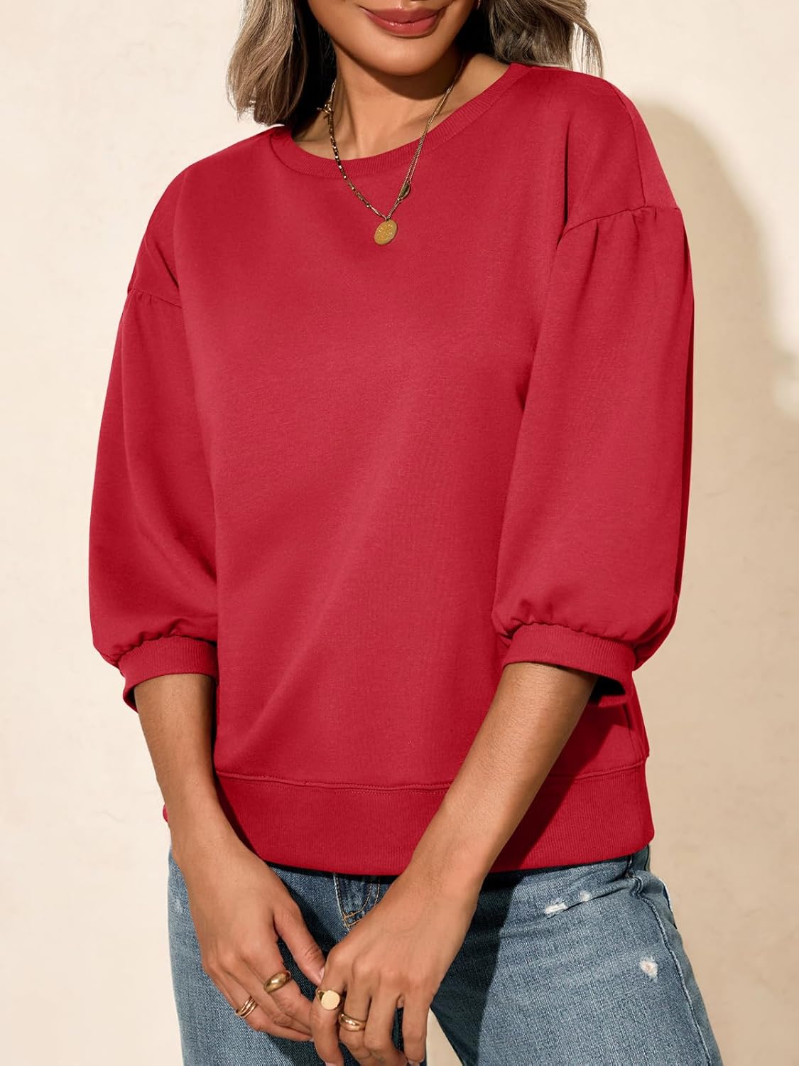 Fisoew Womens Crewneck Sweatshirts Casual Puff Sleeve Loose Fit Shirts Fall Tops - Image 4