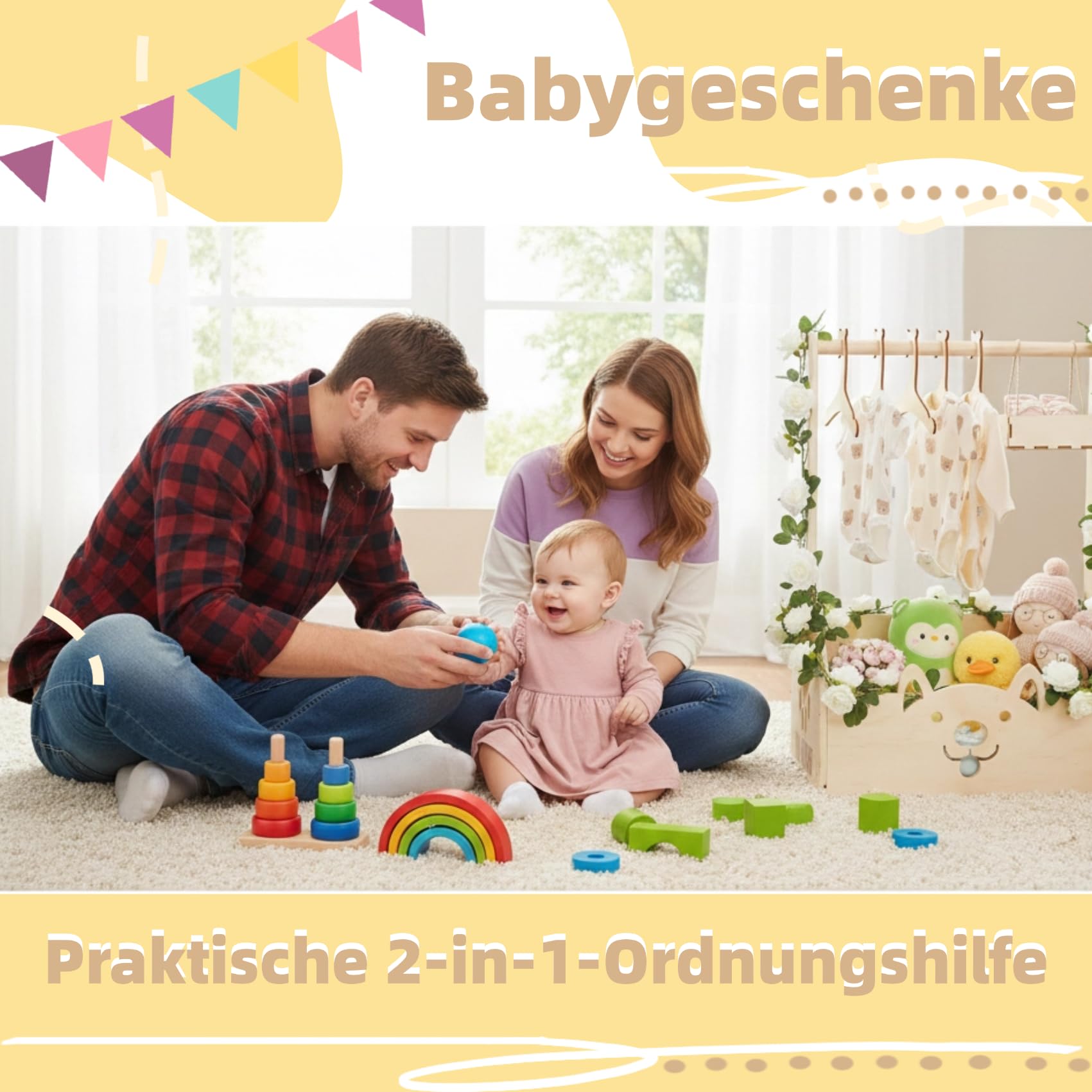 Baby Geschenkset zur Geburt, Personalisierte Babygeschenke für Mädchen & Jungen Boho Baby Geschenkkorb mit Griff, Kleiderbügel und Deko Ideal für Babyparty& Taufe (Weiße Rosen-Holzkiste)
