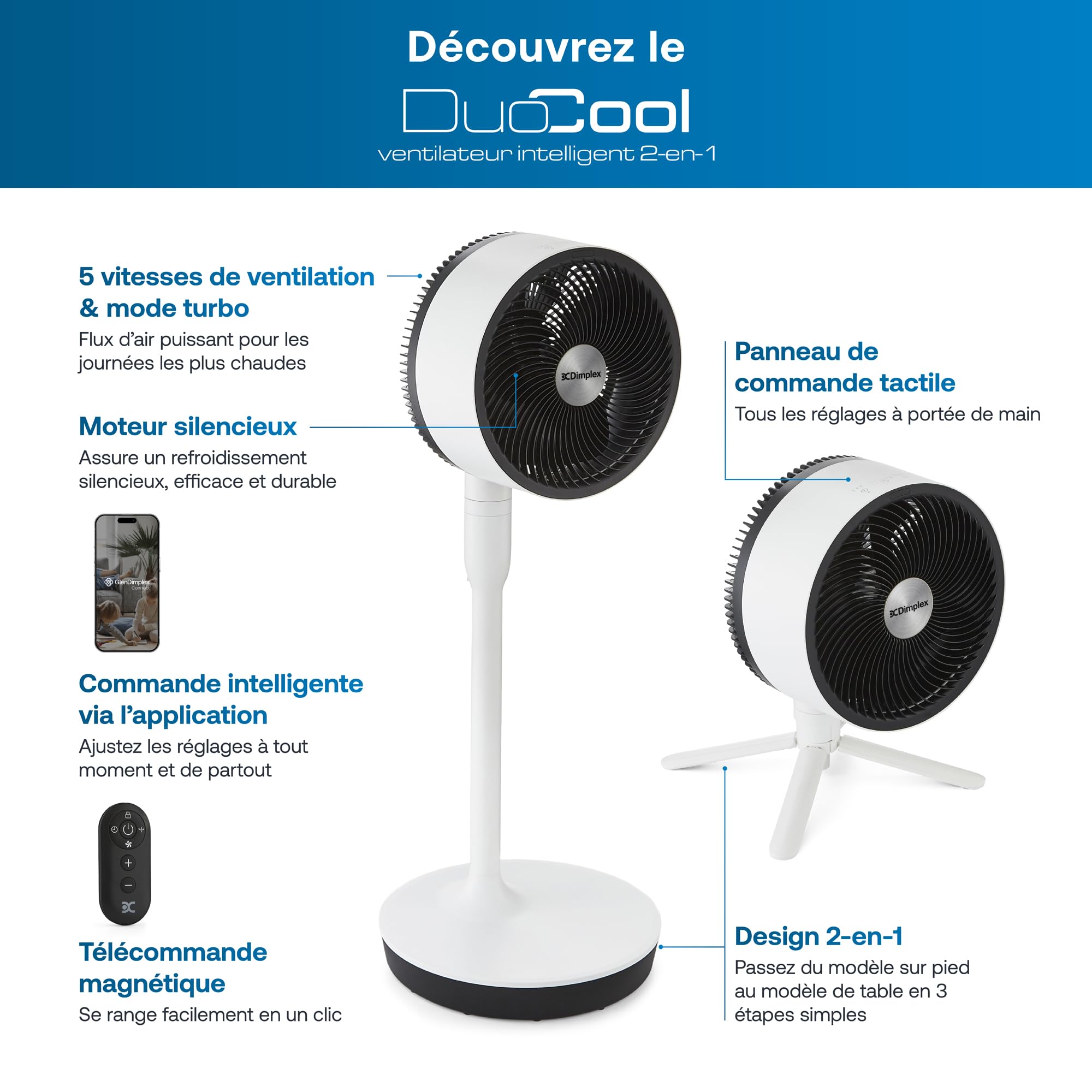 DIMPLEX DUOCOOL Smart Ventilateur 2-en-1 sur Pied & de Table Blanc, 5 Vitesses + Turbo, 20 m, 36 dB, App, Google Home & Alexa, Télécommande