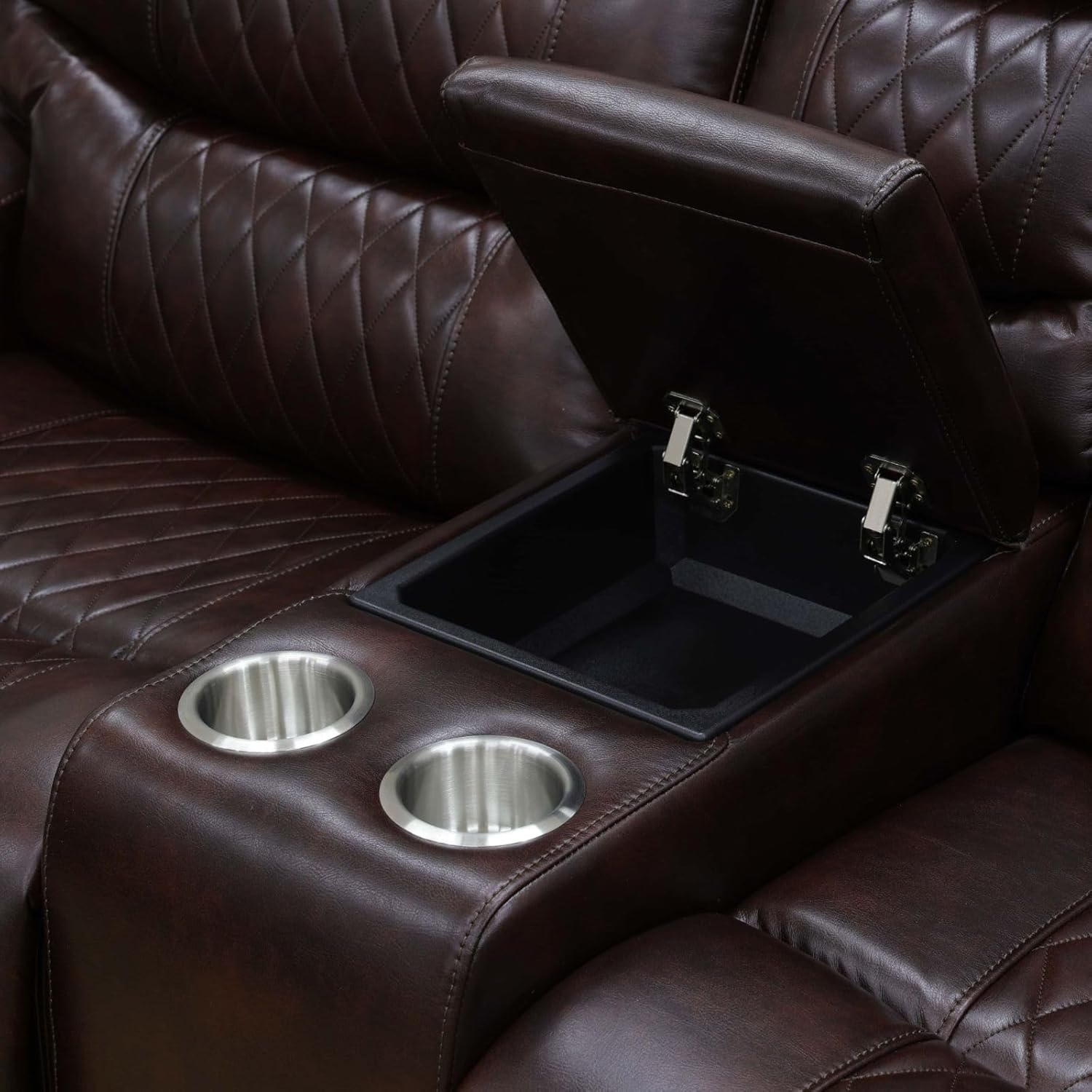 3 Piece Leather Reclining Living Room Set, Power Recliner Sofa Set, Breathing Leather Reclining Couch Set with Storage Console/Cup Holders/LED Light for Home Theater (Brown)