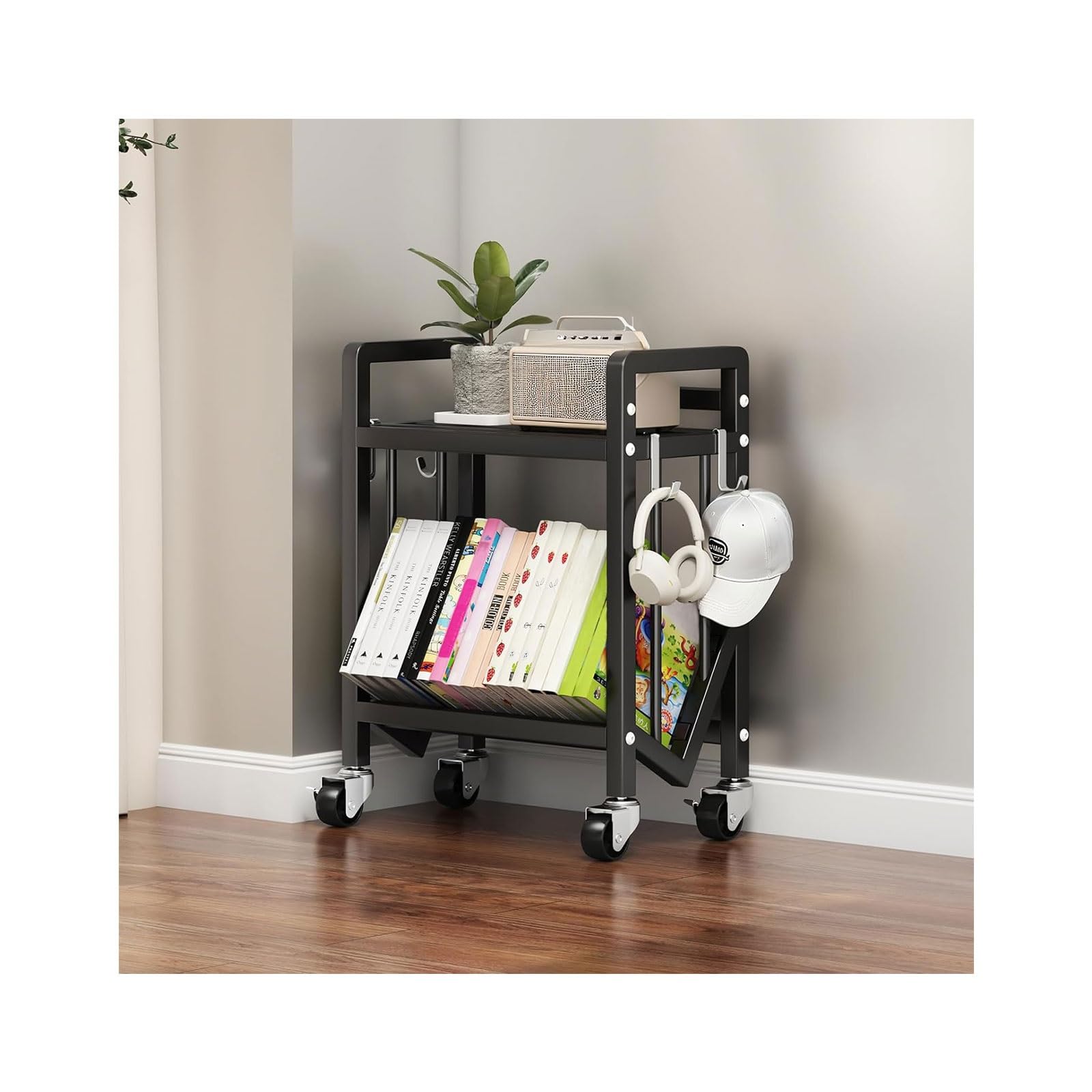 Book Carts with Wheels, Library Rolling Book Cart 2/3/4/5 Tier Movable Bookshelf Mobile Large Capacity L-Shaped Carbon Steel Organizer Rack for Office, Home, Classroom(Black,2 Tiers-19.7x9.8x20.9in)