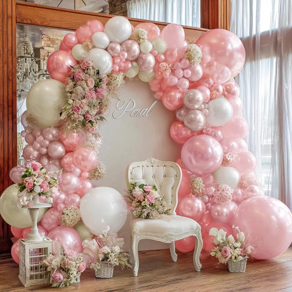 Pink White Balloon Arch DOUBLE STUFFED Pink White Sand Balloons for Birthday Baby Shower Wedding Bridal Engagement Party Decorations
