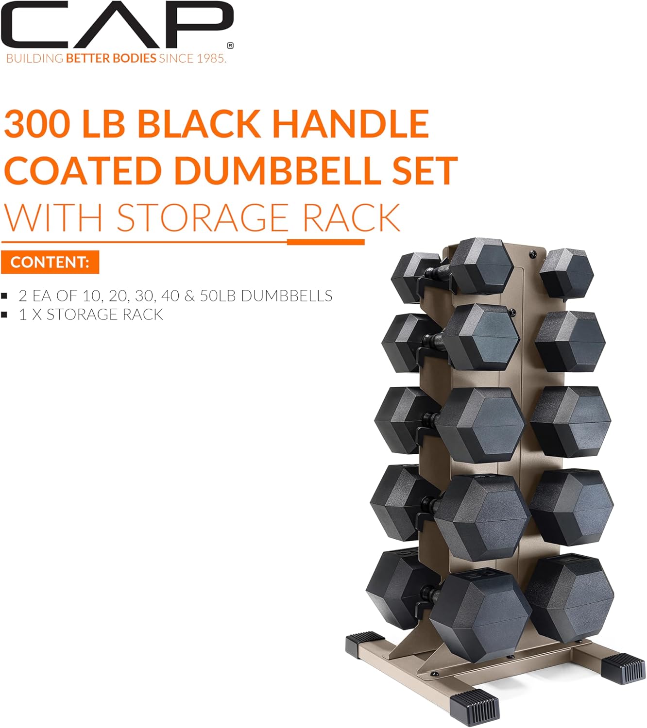 CAP Barbell Rubber Coated Hex Dumbbell Set with Vertical Rack | 100-300 lbs Free Weights Dumbbells Set for Home Gym | Multiple Options