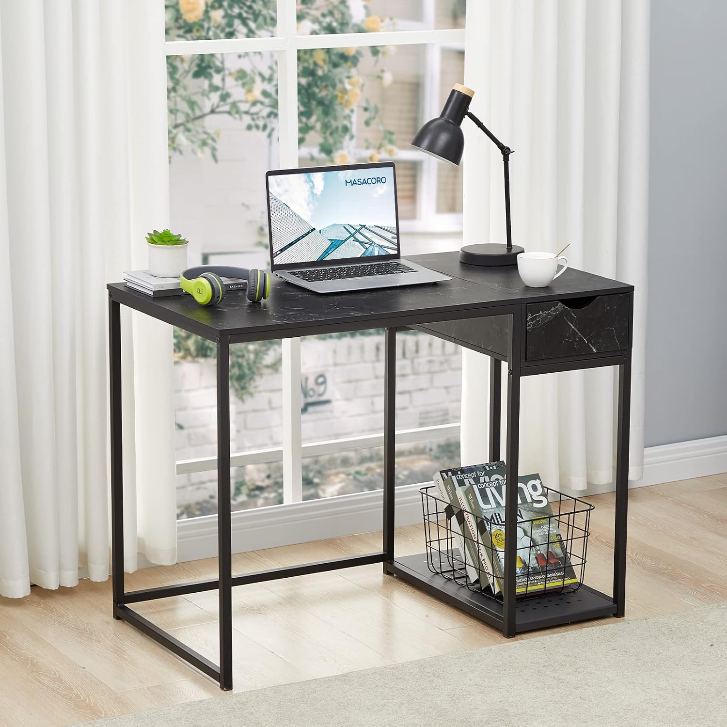 SINPAID Home Office Computer Desk with Drawers,40 Inch Study Writing Table, Modern Simple Style PC Desk,Space Saving, Easy to Assemble, for Small Space Bedroom,(Black Marble Pattern)