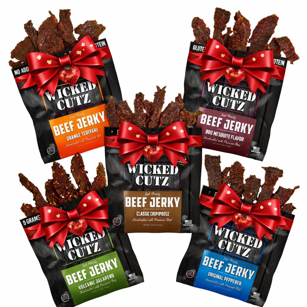Wicked Cutz Beef Jerky Variety Pack | 5 Flavors Up to 36g Protein Per Bag | Tender, Easy to Chew, USA Made, High Protein Carnivore Snacks | Valentines Day Gifts for Men (5 Bags)