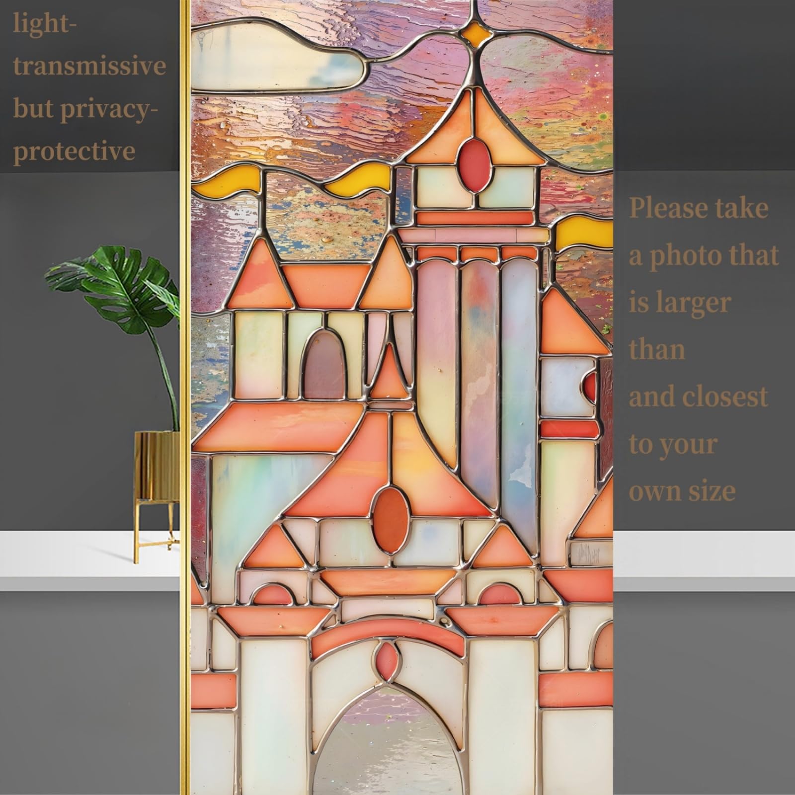 Fensterfolie Blickdicht 90x200CM Schloss Statisch Selbsthaftend Dekorative Folie, Abnehmbare Glasfolien Anti-UV, für Badezimmer küche