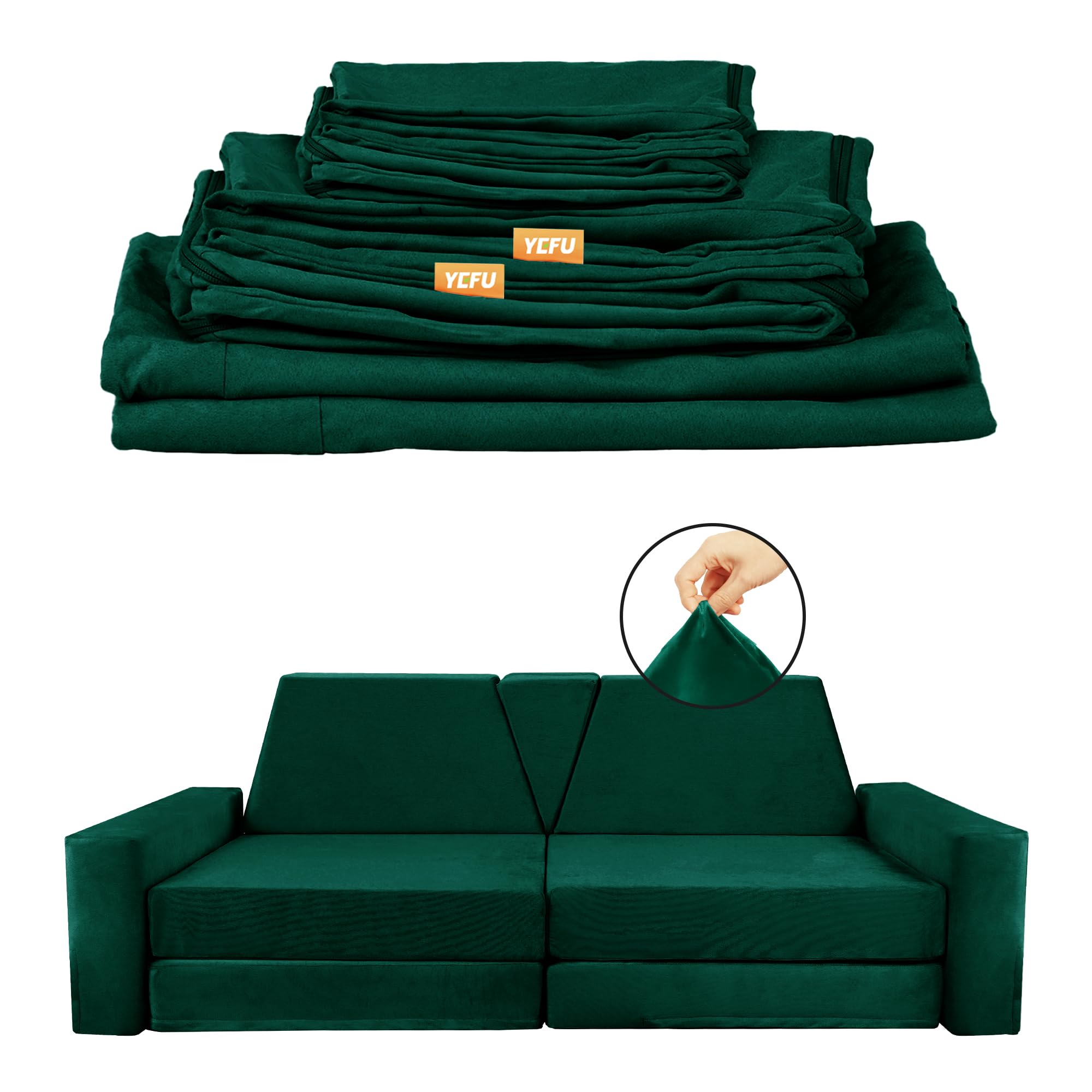 YEFU Replacement Cover for 15pcs Modular Kids Play Couch, Washable Premium Velvet Fabric, Cover Only, Foam not Included, Green