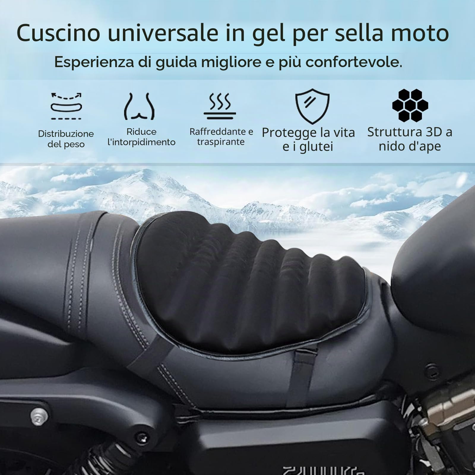 Cuscino di Seduta in Gel Ammortizzante per Moto, Struttura Cellulare a Onda Altamente Elastica e Traspirante, Cuscino di Seduta per Moto per Lunghe Percorrenze