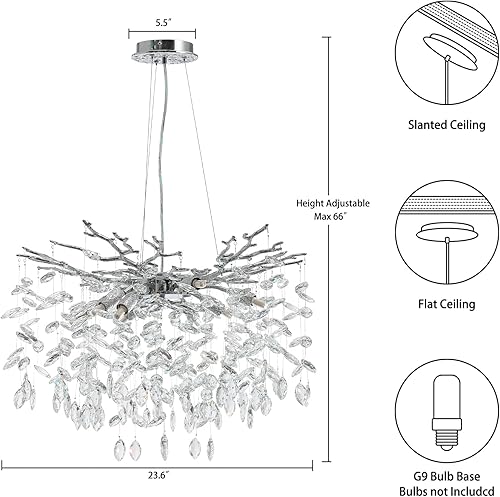 Miniatura 3 de YUYI Candelabros modernos de cristal para comedor, ramas de árbol plateado, lámpara redonda de lujo con gotas de lluvia de techo alto, lámpara