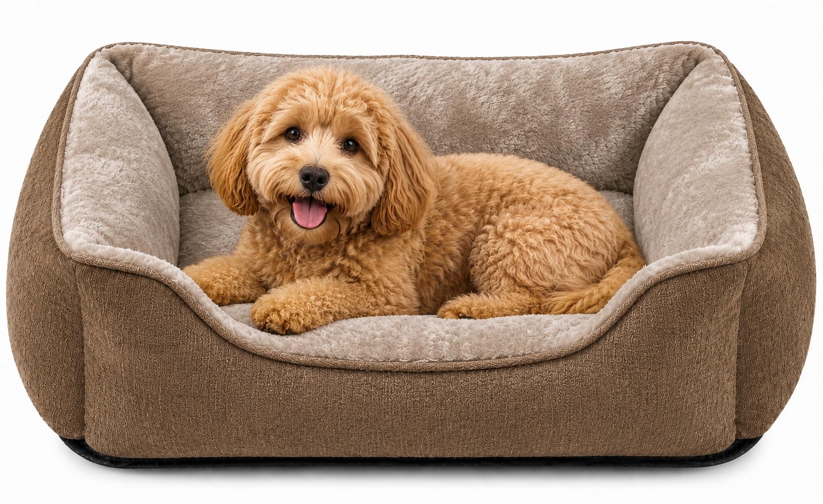 SuperGift.com Fluffy Calming Pet Bed for Dogs & Cats – Soft Plush Washable Cushion Sofa Bed with Raised Sides, Anti-Slip Base (Brown, S)