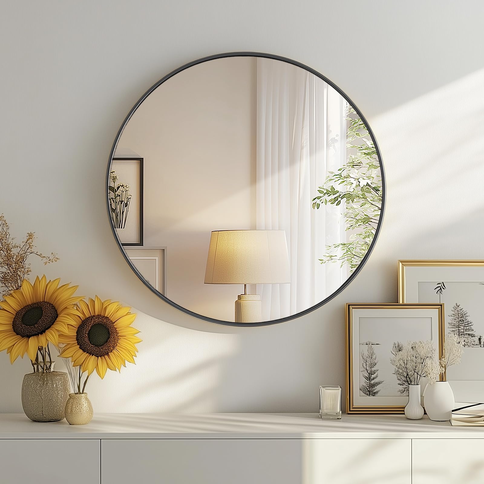 DUMOS Black Circle Mirror for Wall 20.02 inch, Bathroom Round Wall Mirror for Over Sink, Bathroom, Entryway, Bedroom, Vanity, Shatterproof&amp; Crystal-Clear