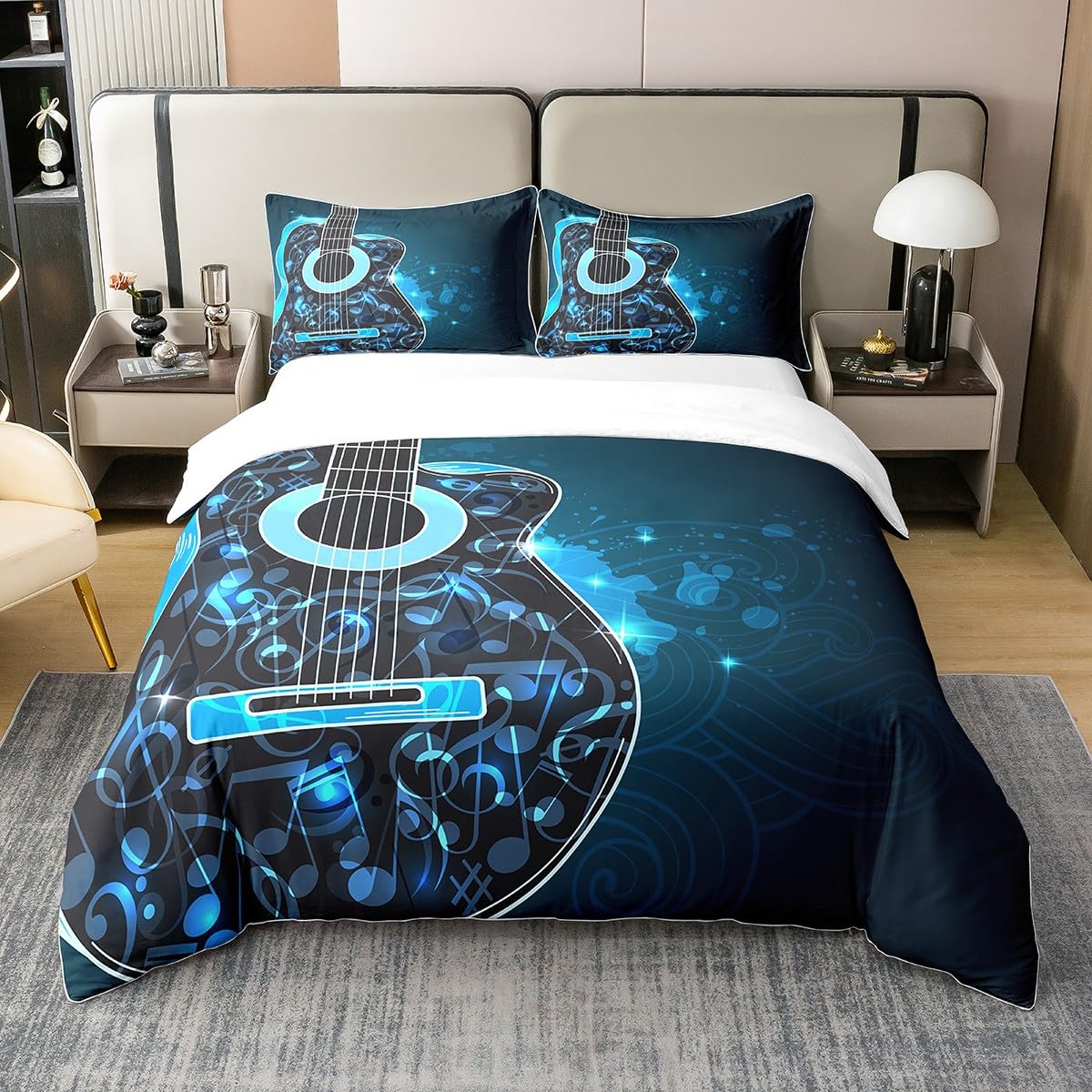 Homemissing Guitare 100% Coton Housse de Couette 140x200cm Rock Musique Parure de lit Voitures Instrument réversible Popstar Party Bleu Literie Set