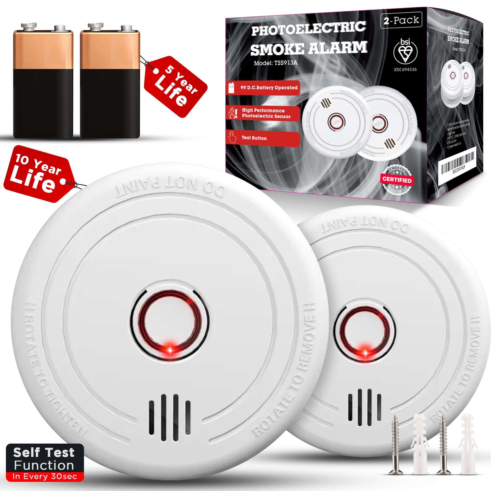 2 Pack Smoke Alarms for Home – 10-Year Life Fire Alarms with 5-Year Replaceable Battery, EN14604 Certified Photoelectric Smoke Detector with Silence Button, LED Light, for Kitchen, Caravan, Office