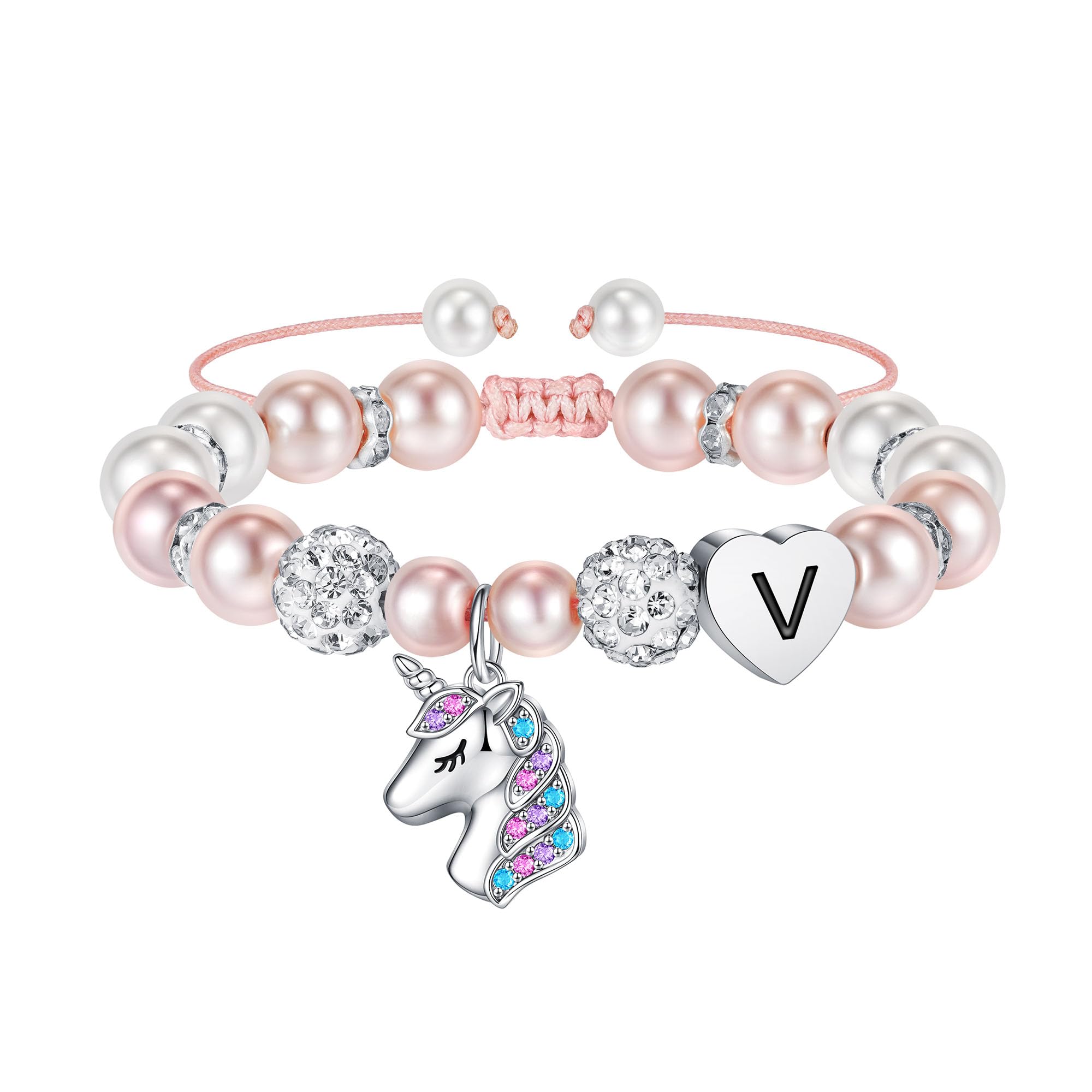 Hidepoo Braccialetto con unicorno, regalo per ragazze, regolabile, con perle rosa e strass, con iniziale a forma di cuore, con zirconia cubica, regalo di compleanno per ragazze